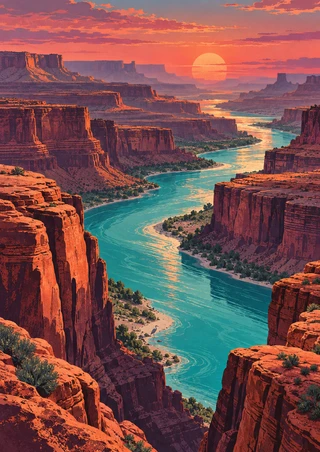 Turquoise river winding through red-orange canyon cliffs toward a low coral sun, with distant mesas and a tiny bird by the water.