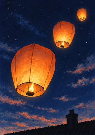 Three glowing orange paper lanterns ascend diagonally over a dark rooftop and chimney beneath a starry navy sky with textured clouds.