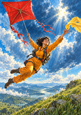 Adult in a saffron flight suit hangs above a mountain valley, holding a red kite line and reaching toward a yellow scarf beneath blue clouds.