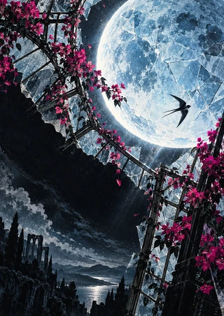 Large icy-blue moon with crack-like lines and a small black flying bird, framed by angular panes and magenta flowers above a dark landscape.