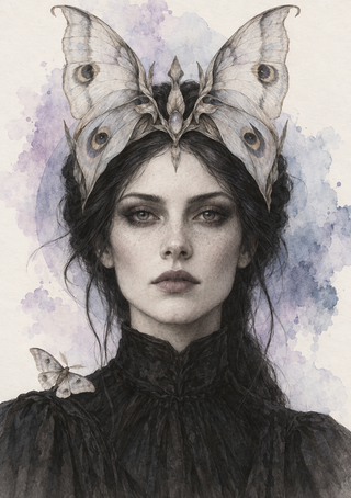 Pale woman in dark clothing wearing a wide moth-wing headdress, with a small moth on her shoulder.