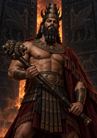 Crowned, bearded figure in bronze armor and a red cloak holding a lion-headed mace before relief-carved doors and an orange glow.