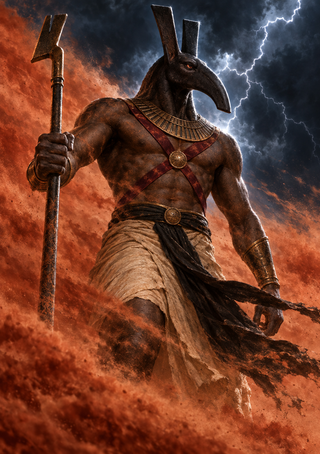 Set, depicted with a long-eared jackal-like head, staff, broad collar, and crossed straps, amid red-orange dust, storm clouds, and lightning.