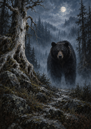 Black bear on a rocky forest path under a bright moon, surrounded by misty conifers and a gnarled tree.