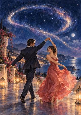 Two adult dancers in evening clothes turn together beneath a luminous oval of stars on a moonlit waterfront terrace.