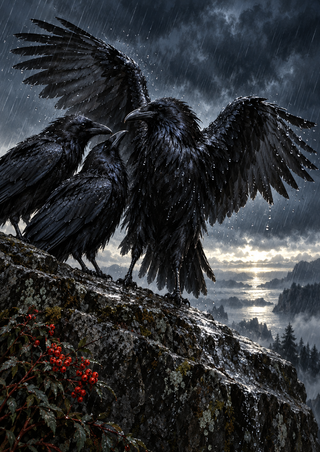 Three dark ravens cluster on a wet sloping rock ledge; the central bird spreads its wings, with red berries and a stormy valley behind them.