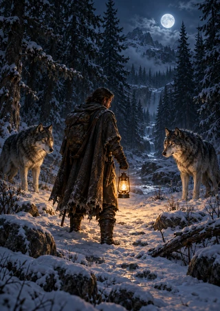 Cloaked traveler with a low glowing lantern faces two wolves on a snowy path between dark pines.