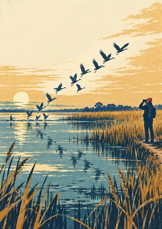 Screenprint-style marsh at sunset with birds lifting from the water and a red-hatted observer holding binoculars.
