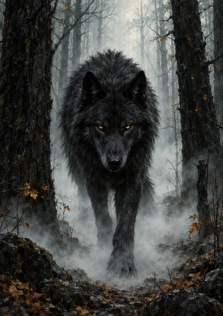 A black wolf with amber eyes walks toward the viewer through a foggy forest of dark trees and leaf-strewn rocks.