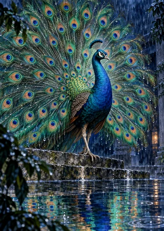 A blue-green peacock displays its full jewel-toned fan above wet stone steps and a reflecting pool in the rain.