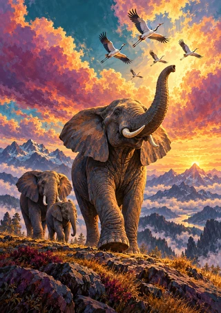 A large elephant with raised trunk leads two smaller elephants across a rocky plateau beneath glowing clouds and flying birds.