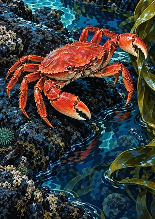 Scarlet-orange crab with two prominent claws on a dark tidepool rock beside glossy kelp and reflective blue water.