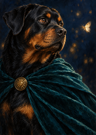 Black-and-tan Rottweiler in a teal cape looking toward a glowing moth against a midnight-blue background.