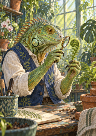 Whimsical green iguana in a blue botanical vest examining a curled fern through a brass magnifying glass in a greenhouse.