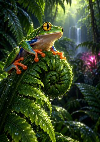A green tree frog with a golden eye and orange toes grips a wet curled fern amid dark rainforest foliage and a pink glow.