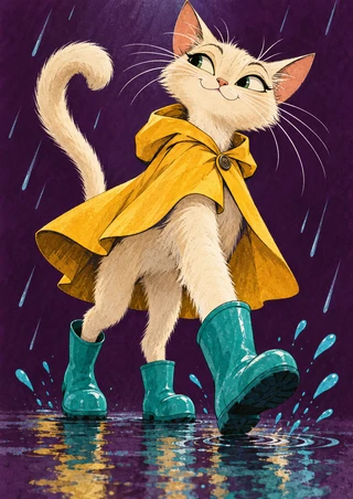 Cream-colored cat in a golden-yellow rain cape and teal galoshes stepping through a reflective puddle against a deep plum background.