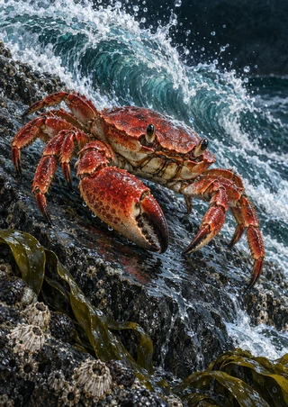 Reddish-orange crab on wet dark rock with curling white surf, teal water, kelp, and barnacles.