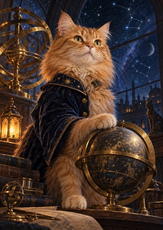 A long-haired ginger cat in a dark blue star-patterned coat rests a paw on a brass armillary sphere in a starry observatory.