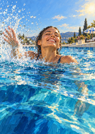 Smiling young adult swimmer surfacing in a bright outdoor pool, one arm sweeping through a splash with distant hills and a striped parasol.