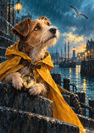 Wiry terrier in a saffron-yellow rain cape with a large brass compass on wet harbor steps; boats, harbor lamps and a gull appear behind.