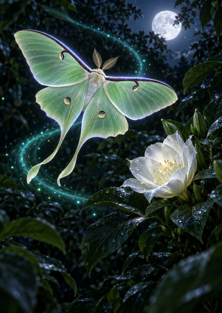 Pale green, long-tailed luna-moth-like insect flying toward a white flower amid dark glossy foliage, with a full moon and turquoise dotted trail.
