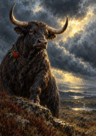 Dark shaggy bull with broad horns standing in rain on a rocky moor ridge beneath gold-lit storm clouds, with red berries on its neck strap.