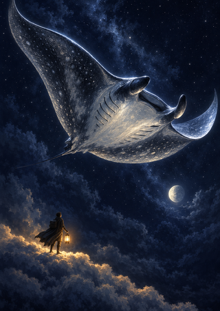 Large illuminated manta-like ray gliding above a cloaked lantern-bearing traveler on a cloud beneath a moon and stars.