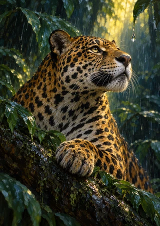 Spotted jaguar on a wet diagonal branch looking toward a suspended droplet amid dense tropical foliage.