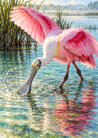 Pink-and-white spoonbill wading with partly open wings and sweeping its broad bill through reflective lagoon water.
