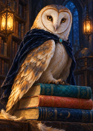 Barn owl wearing a dark blue cape and turquoise clasp, perched on three colorful books between two glowing lanterns.