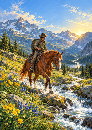 Adult rider on a chestnut horse crossing a rocky alpine stream among bright flowers, with mountains and warm sunlight in the distance.