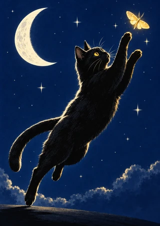 A black cat stretches upward toward a glowing golden moth beneath a crescent moon and scattered stars.