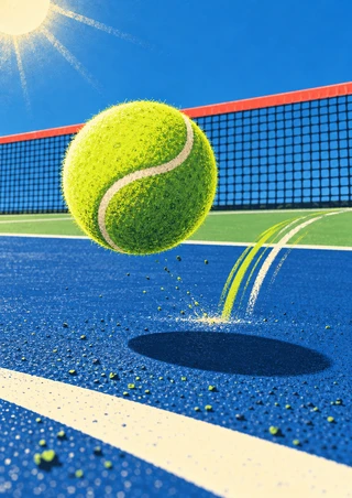 Large chartreuse tennis ball suspended above a blue hard court, with a net, curved motion streaks, an oval shadow, and a diagonal white line.