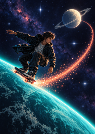 Young adult-presenting skateboarder crouches on an angled board above a glowing turquoise planet rim beneath a ringed moon.