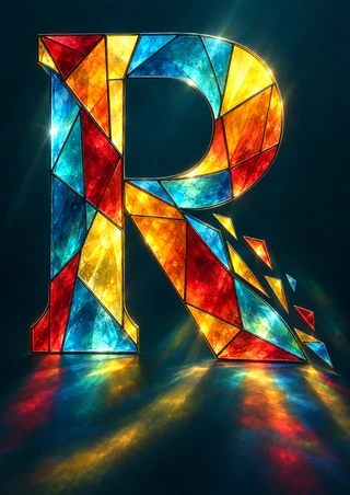 A large capital R made of glowing ruby, orange, yellow, and cyan stained-glass-like panes against deep teal, with small shards and reflections.