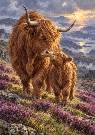 Russet Highland cow and calf standing close together in purple heather on a rocky ridge beneath distant hills.