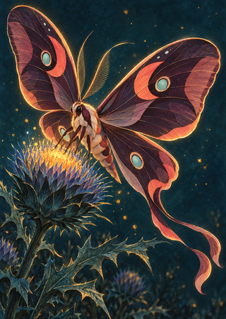 Large fantastical moth with plum and coral patterned wings, turquoise eyespots, and gold edging beside a glowing blue thistle.