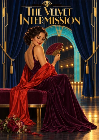 Adult performer in a plum gown and vermilion wrap sits with an open fan beneath gold title lettering, framed by curtains and a turquoise arch.