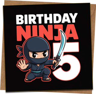 5th Birthday Card for Boys Kids – Ninja Theme Square Greeting Card, 145mm x 145mm, Cute Cartoon Design, Includes Kraft Envelope