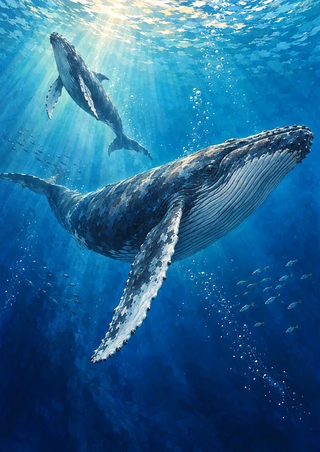 Two humpback whales cross paths underwater, surrounded by blue light rays, bubbles, and small fish.