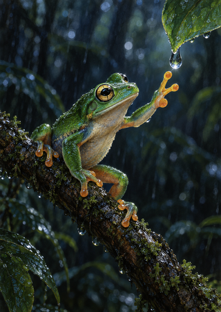 Green tree frog on a mossy diagonal branch reaching toward a droplet beneath a leaf in a dark forest.