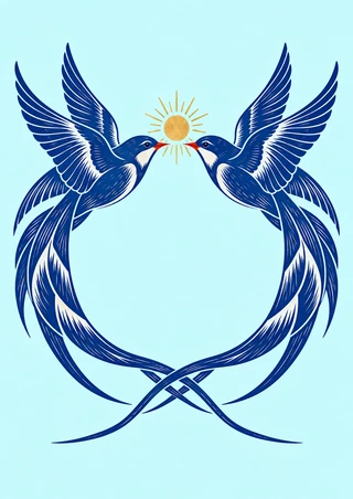 Two cobalt-blue swallows face one another with raised wings and crossed sweeping tails beneath a small gold sun on pale aqua.