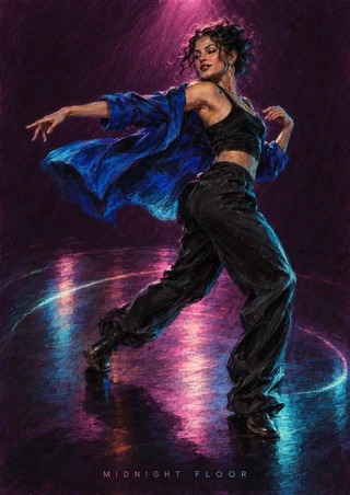 A dancer in a flowing cobalt jacket turns across a reflective floor under magenta and turquoise light; “MIDNIGHT FLOOR” appears at the bottom.