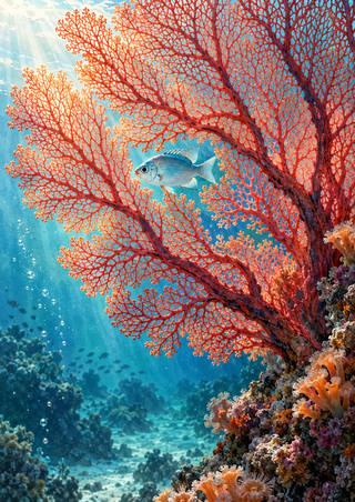 A small silver-blue fish swims through branching orange-red sea fan coral above a rocky reef, with bubbles and light rays in blue-green water.