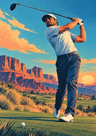 Adult golfer in a cap and pale shirt holds a club overhead in follow-through, with a golf ball, desert grasses and red-rock cliffs at sunset.
