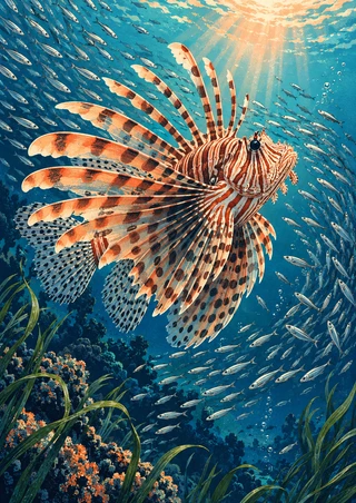 Orange-and-cream striped lionfish with fanned spotted fins swimming among silver fish in turquoise water above reef and seagrass.