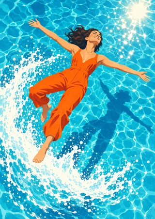 Barefoot woman in an orange belted jumpsuit floating diagonally above a turquoise pool, surrounded by a curling white splash and bright water reflections.