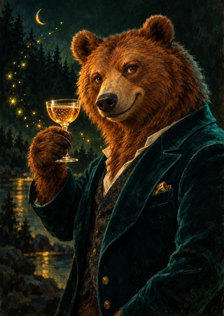 Brown bear in a dark teal formal jacket raising a small glass of amber liquid, with a crescent moon and gold lights over a dark forest and water.