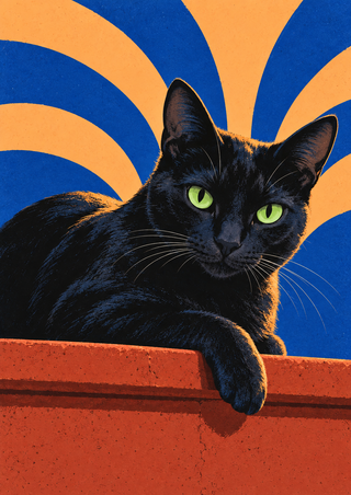 Charcoal-black cat with bright green eyes resting on a terracotta sill, one foreleg hanging over the edge, with blue and apricot arches behind it.