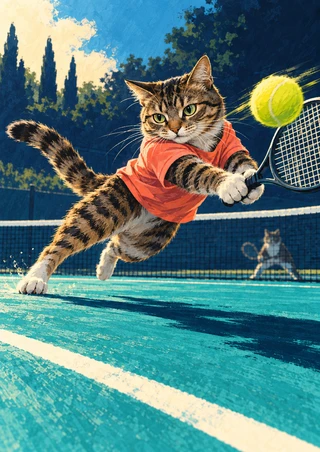 Tabby cat in a coral shirt lunging on a teal tennis court toward a racket and yellow-green ball, with a net and distant cat opponent.